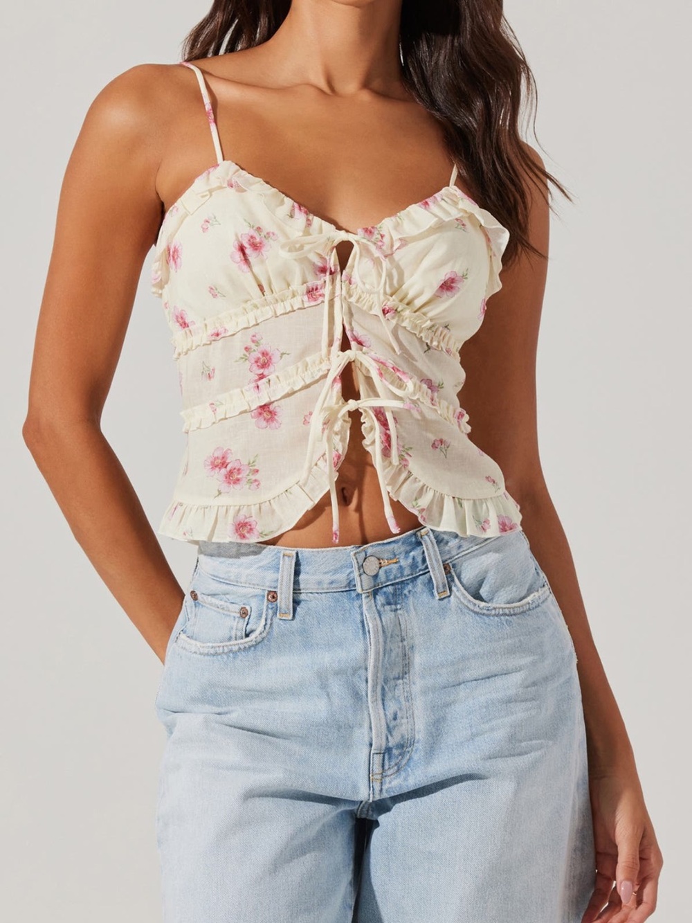 Astr Ruffle Tie-Front Floral Cami in Cream and Pink